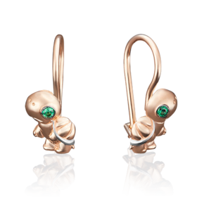 Детские серьги «Черепашки» с французским замком из красного золота с фианитом 02-3852-00-404-1110-03
