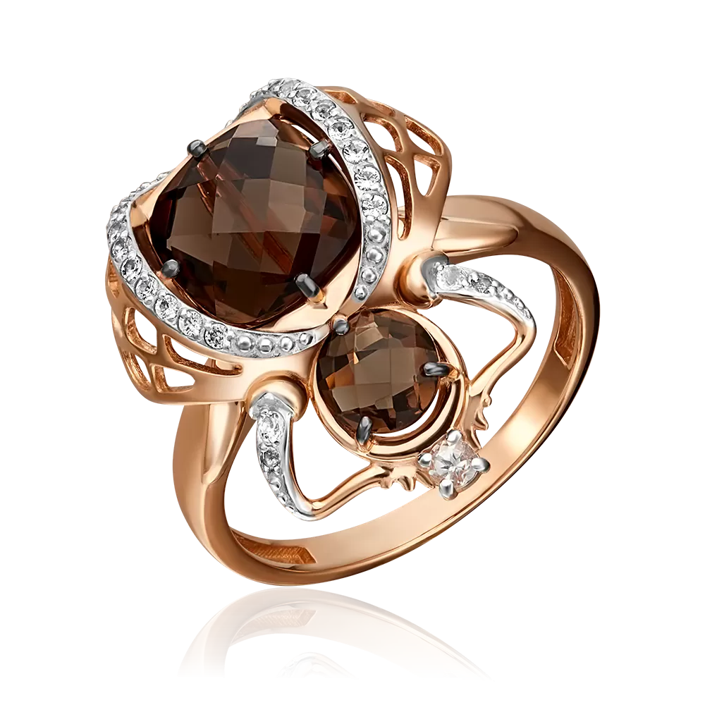 Кольцо «Скарабей» из красного золота с кварцем дымчатым и натуральными топазами white 01-5409-00-715-1110-57