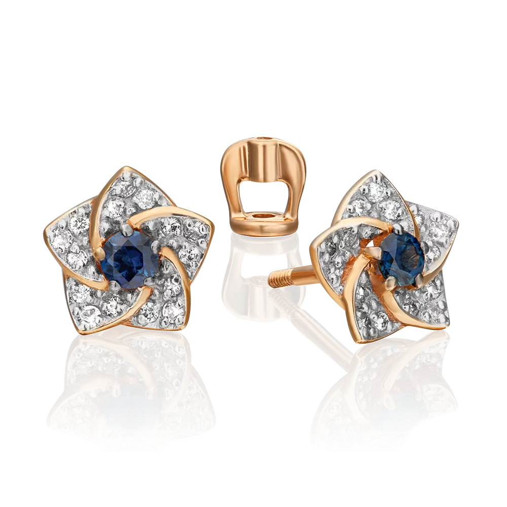 Серьги-пусеты «Цветы» из красного золота с сапфиром и бриллиантами 02-0869-00-105-1110-30