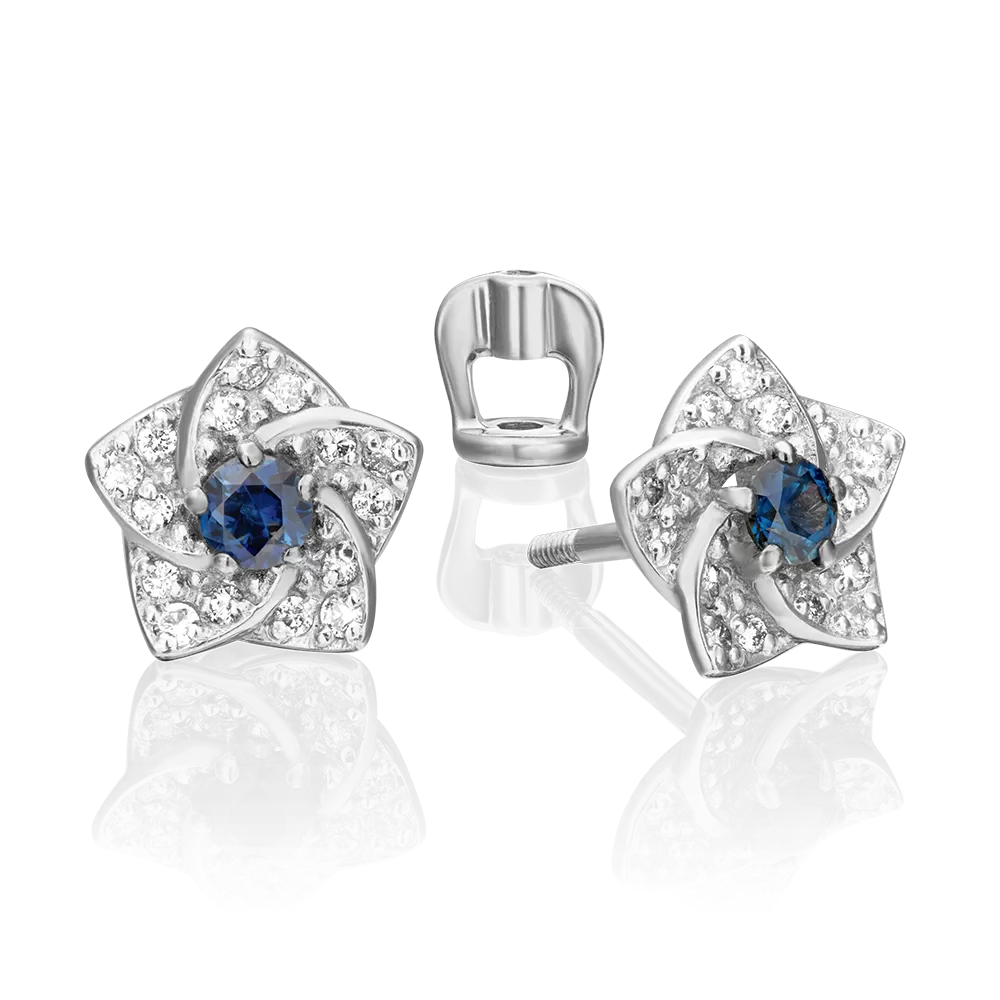 Серьги-пусеты «Цветы» из белого золота с сапфиром и бриллиантами 02-0869-00-105-1120-30