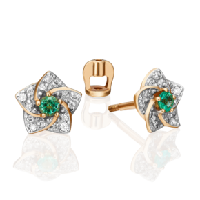 Серьги-пусеты «Цветы» из красного золота с изумрудом и бриллиантами 02-0869-00-106-1110-30