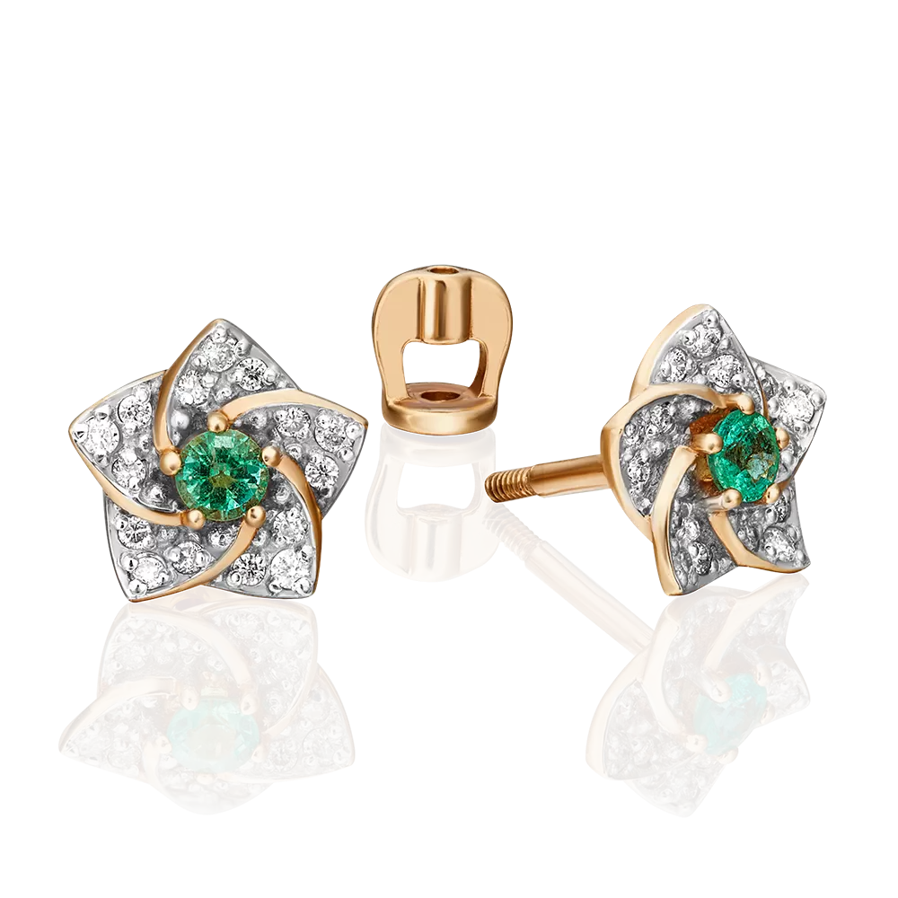 Серьги-пусеты «Цветы» из красного золота с изумрудом и бриллиантами 02-0869-00-106-1110-30