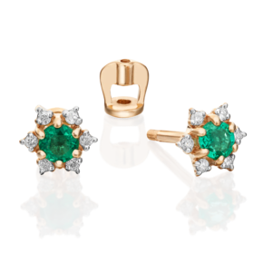 Серьги-пусеты из красного золота с изумрудом и бриллиантами
