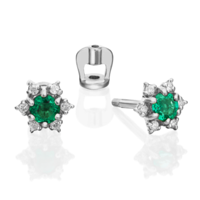 Серьги-пусеты из белого золота с изумрудом и бриллиантами