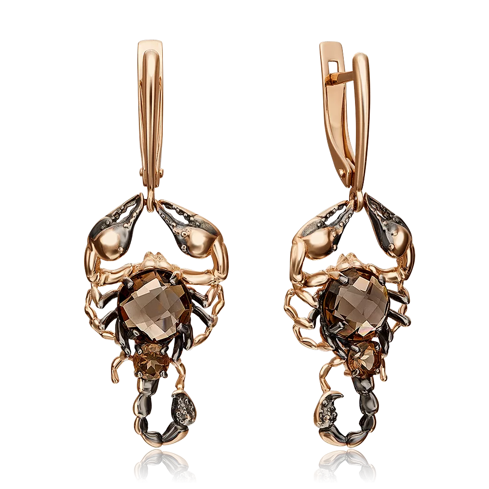Серьги «Скорпионы» с английским замком из красного золота с кварцем дымчатым 02-4532-00-202-1110-46