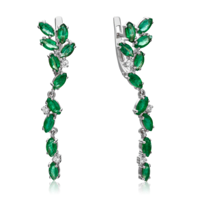Серьги с английским замком из белого золота с изумрудами и бриллиантами