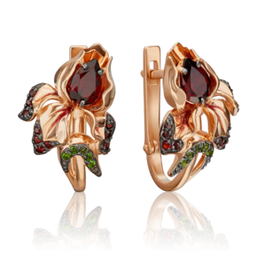 Серьги «Ирисы» с английским замком из красного золота с гранатами, хромдиопсидами и эмалью 02-4598-00-706-1110-57