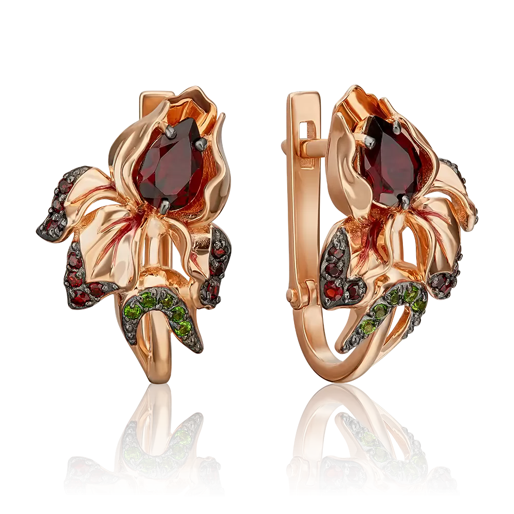 Серьги «Ирисы» с английским замком из красного золота с гранатами, хромдиопсидами и эмалью 02-4598-00-706-1110-57