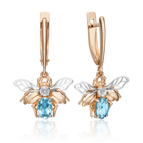 Серьги «Мухи» с английским замком из комбинированного золота с топазом и натуральным топазом white 02-4538-00-201-1111-57