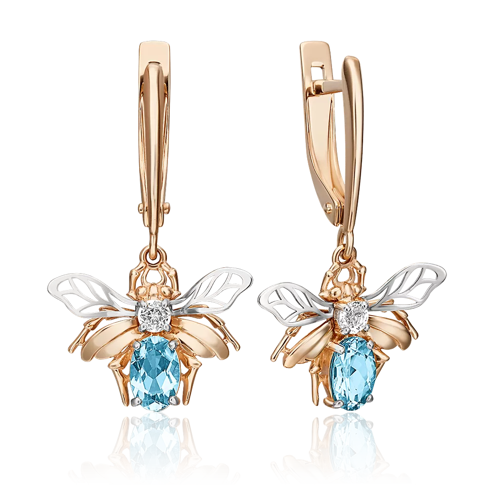 Серьги «Мухи» с английским замком из комбинированного золота с топазом и натуральным топазом white 02-4538-00-201-1111-57