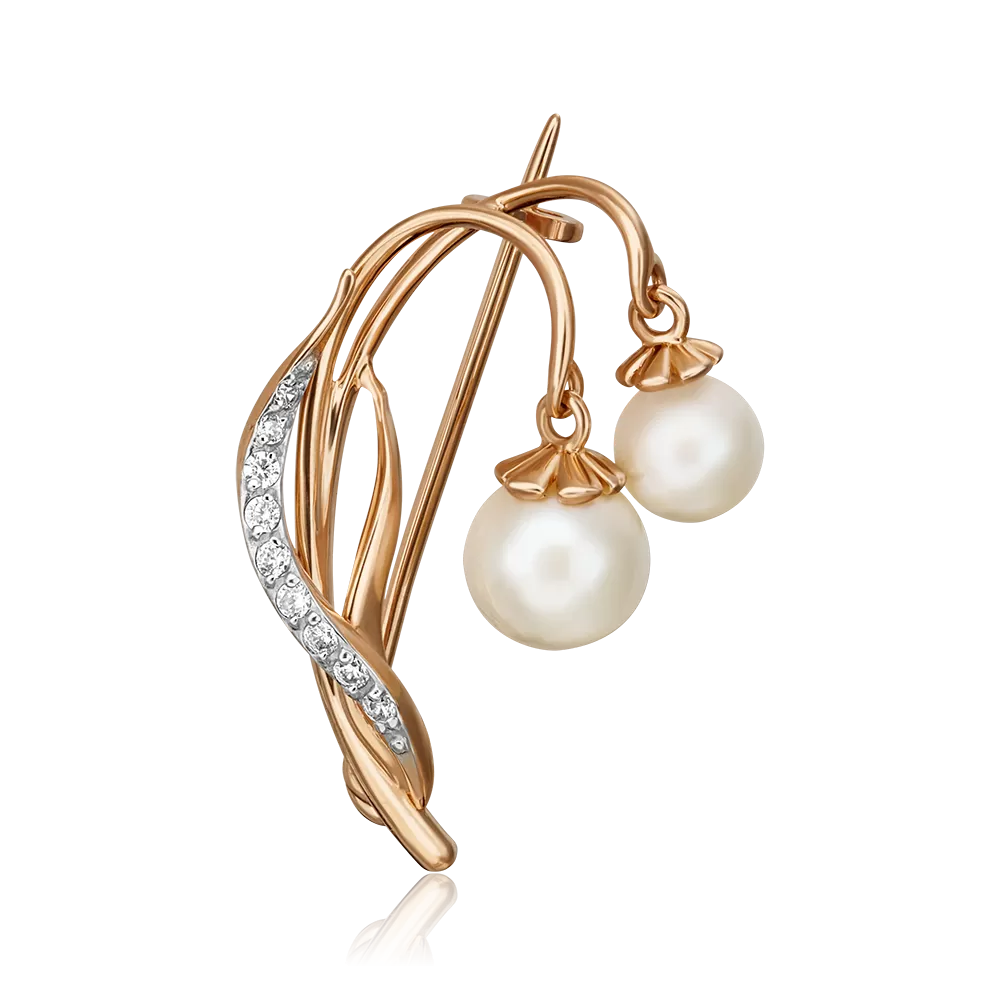 Брошь «Подснежники» из красного золота с жемчугом культивированным и фианитами 04-0246-00-302-1110-31