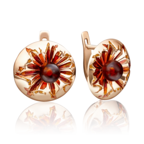 Серьги «Солнца» с английским замком из красного золота с янтарём и эмалью 02-4121-00-271-1110-46