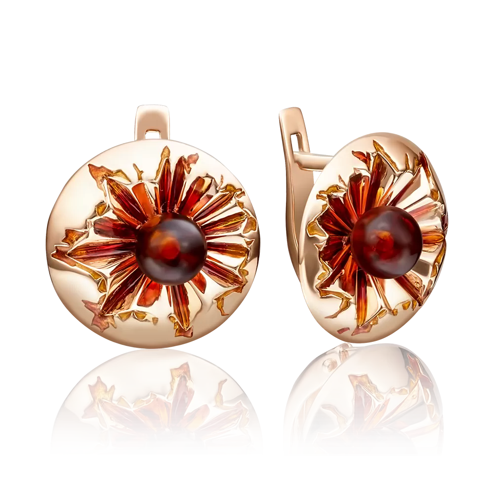 Серьги «Солнца» с английским замком из красного золота с янтарём и эмалью 02-4121-00-271-1110-46