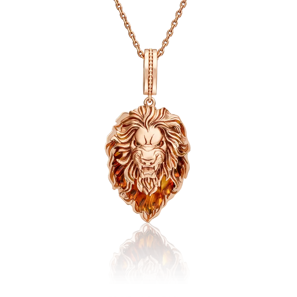 Подвеска «Лев» из красного золота с янтарём и эмалью 03-2884-00-271-1110
