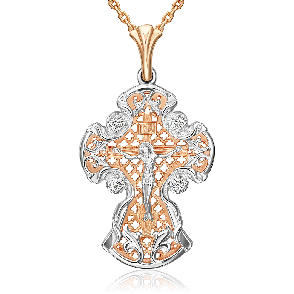 Православный крест из комбинированного золота с фианитами 03-1404-00-401-1111-03