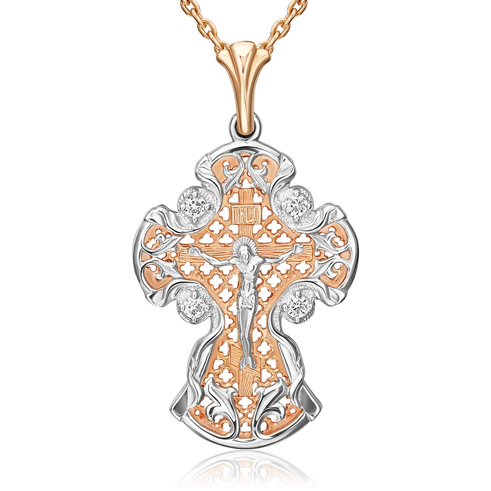 Православный крест из комбинированного золота с фианитами 03-1404-00-401-1111-03