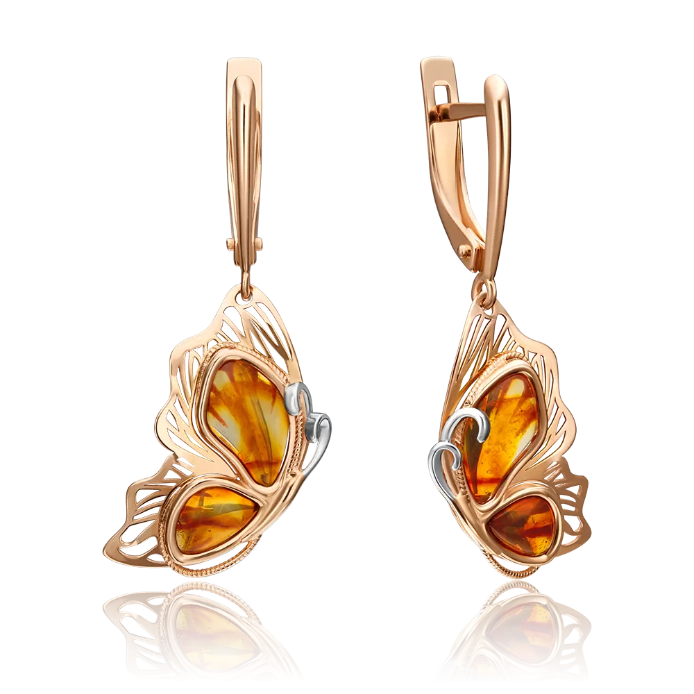 Серьги «Солнечные бабочки» с английским замком из красного золота с янтарём 02-4345-00-271-1110-46