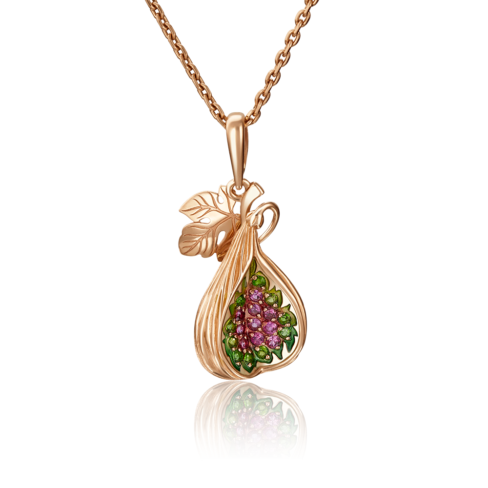 Подвеска «Инжир» из красного золота с гранатами, хромдиопсидами и эмалью 03-2797-01-706-1110-57