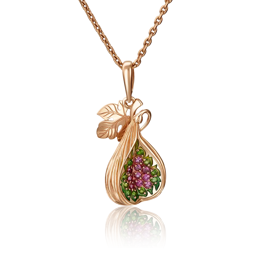 Подвеска «Инжир» из красного золота с гранатами, хромдиопсидами и эмалью 03-2797-01-706-1110-57