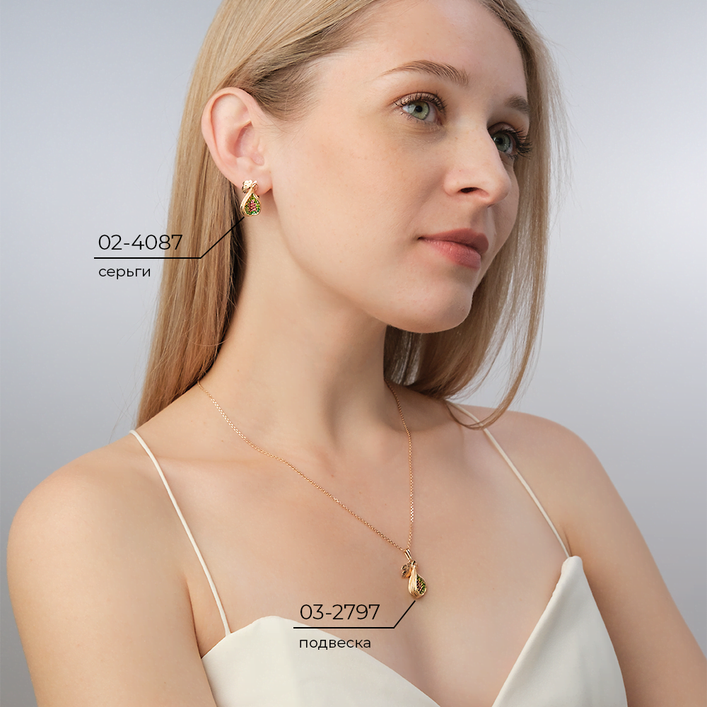 Подвеска «Инжир» из красного золота с гранатами, хромдиопсидами и эмалью 03-2797-01-706-1110-57