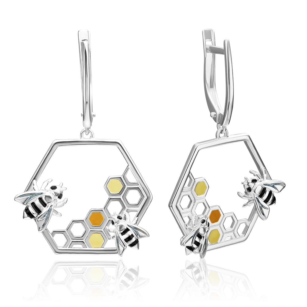 Серьги «Пчёлы на сотах» с английским замком из серебра с эмалью 02-4655-00-000-0200-71