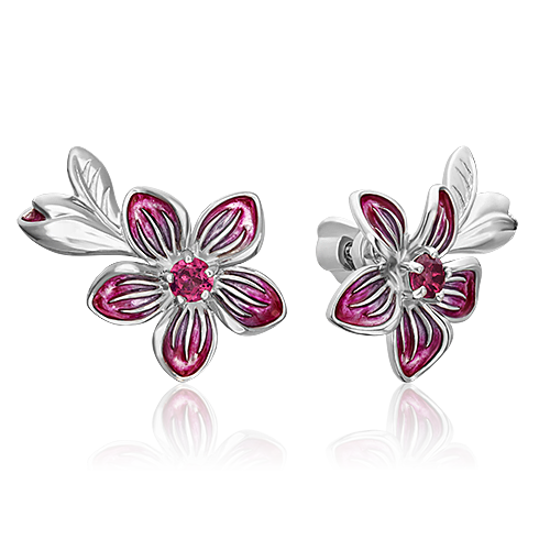 Серьги-пусеты «Плюмерии» из серебра с гранатом и эмалью 02-4793-00-204-0200-69
