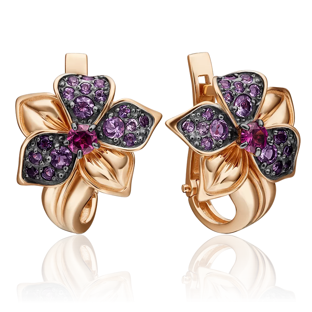 Серьги «Дикие орхидеи» с английским замком из красного золота с гранатом и аметистами 02-4555-00-257-1110-57