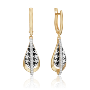 Серьги с принтом «Гусиная лапка» из комбинированного золота с фианитами и эмалью 02-5203-00-401-1121