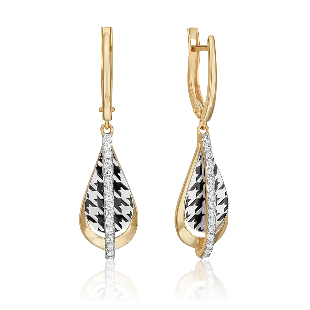 Серьги с принтом «Гусиная лапка» из комбинированного золота с фианитами и эмалью 02-5203-00-401-1121