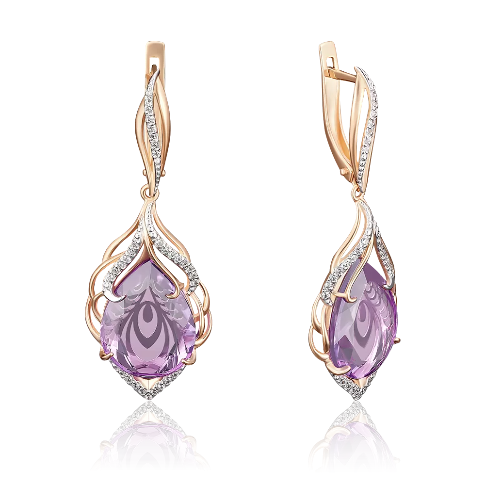 Серьги «Перья Жар-птицы» с английским замком из красного золота с аметистом и фианитами 02-3762-00-209-1110-46