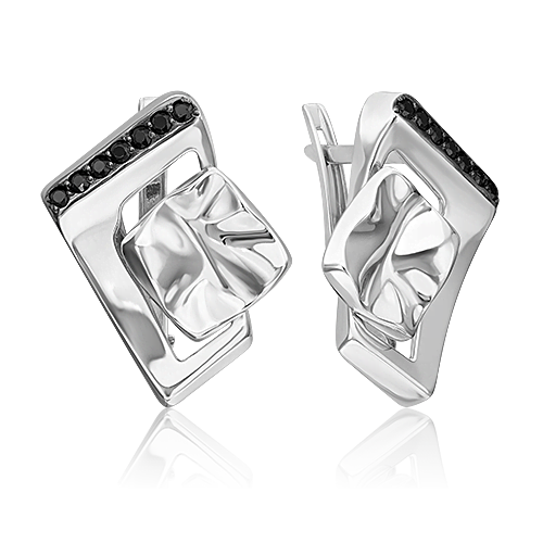 Серьги с английским замком из серебра с чёрными фианитами 02-5078-00-402-0200