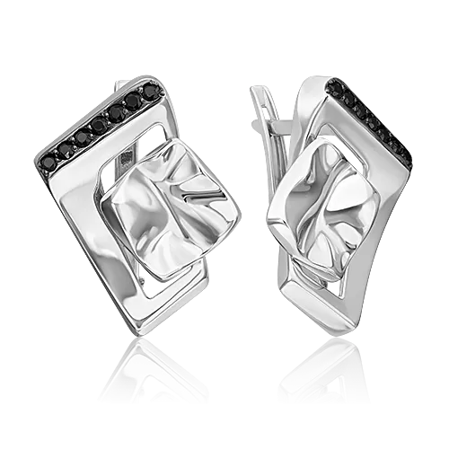Серьги с английским замком из серебра с чёрными фианитами 02-5078-00-402-0200