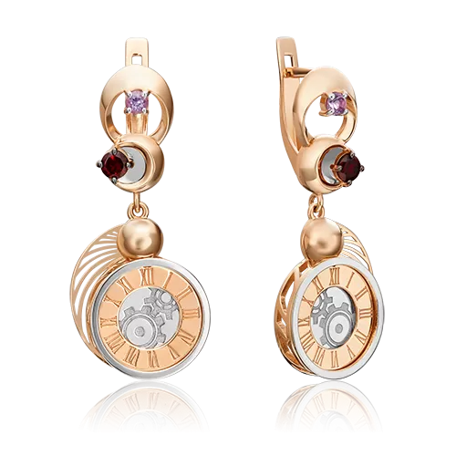 Серьги «Импульс» с английским замком из комбинированного золота с гранатом и аметистом 02-4759-00-257-1111-76