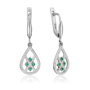 Серьги с английским замком из белого золота с изумрудами и бриллиантами