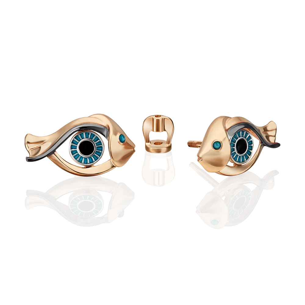 Серьги-пусеты «Взгляд на время» из комбинированного золота с эмалью 02-4872-00-000-1111