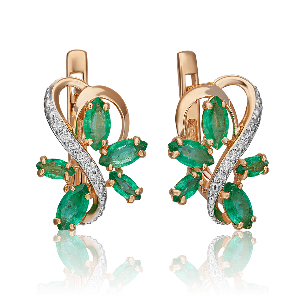 Серьги с английским замком из красного золота с изумрудами и бриллиантами 02-0908-00-106-1110-30