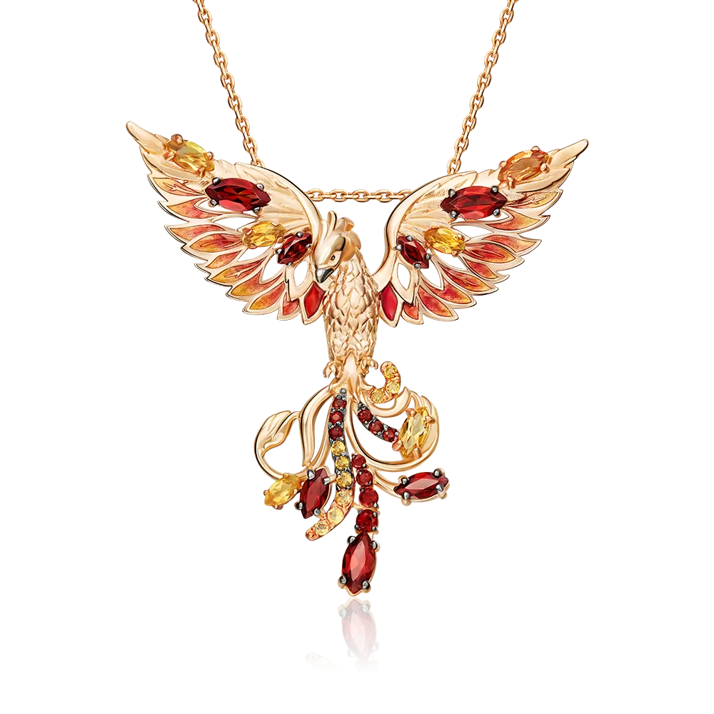Подвеска «Феникс» из красного золота с гранатами, цитринами и эмалью 03-3488-00-722-1110
