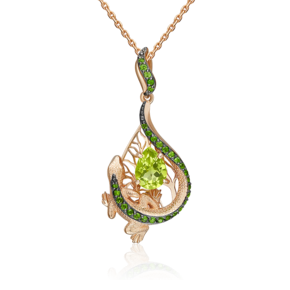 Подвеска «Зелёная ящерица» из красного золота с хризолитом и хромдиопсидами 03-3498-00-726-1110