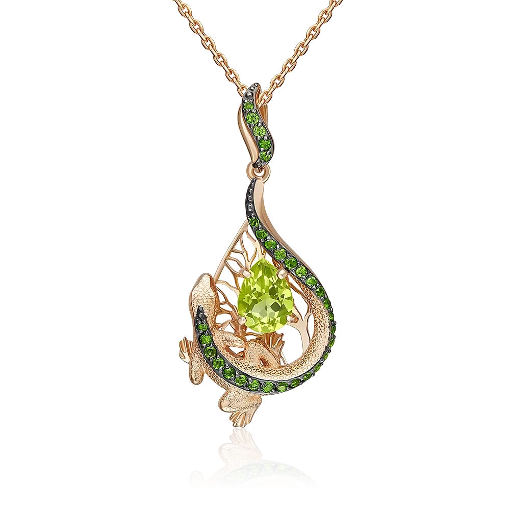 Подвеска «Зелёная ящерица» из красного золота с хризолитом и хромдиопсидами 03-3498-00-726-1110