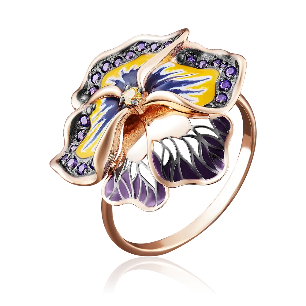 Кольцо «Анютины глазки» из красного золота с фианитами и эмалью 01-4847-00-404-1110-65