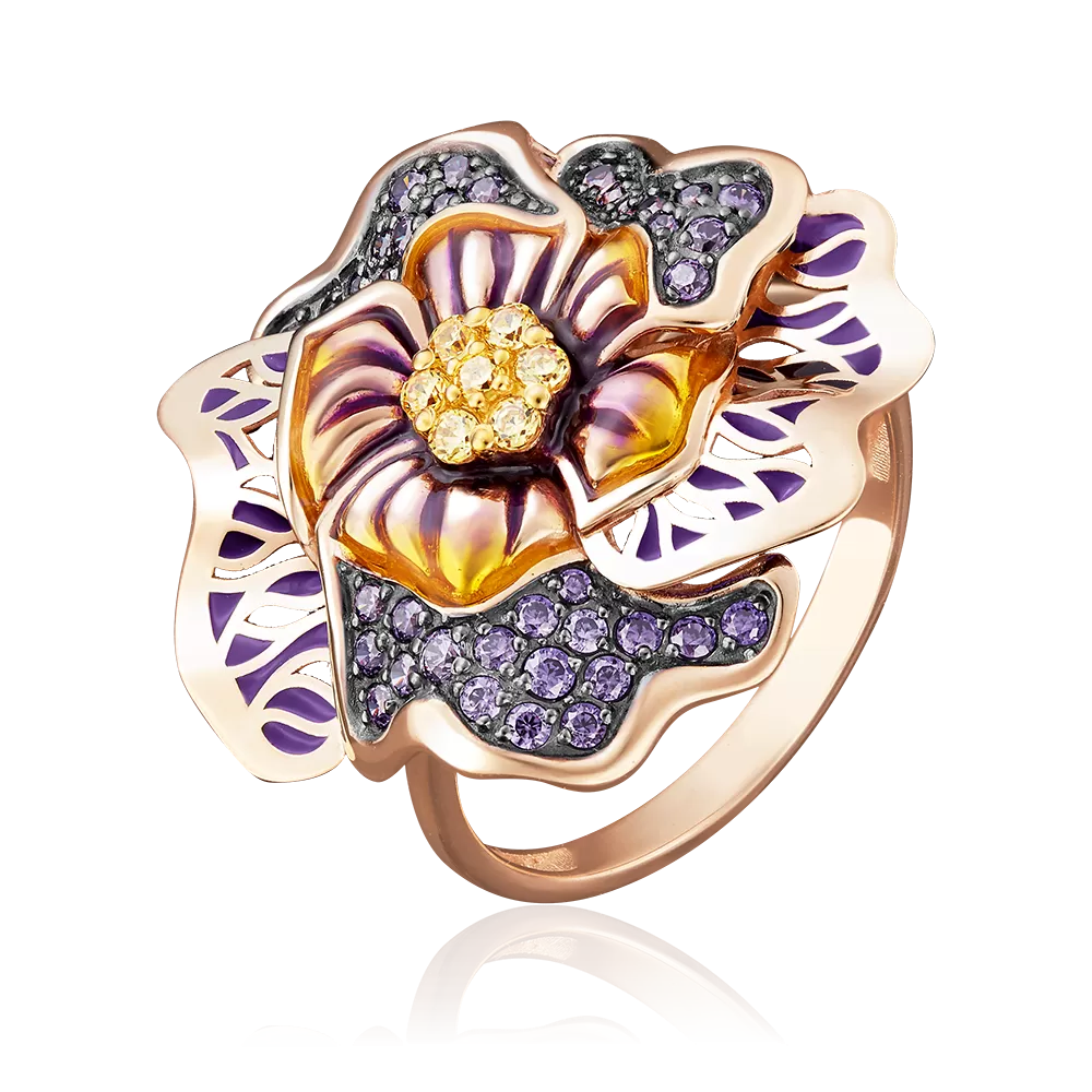 Кольцо «Гибискус» из красного золота с фианитами и эмалью 01-4872-00-404-1110-65