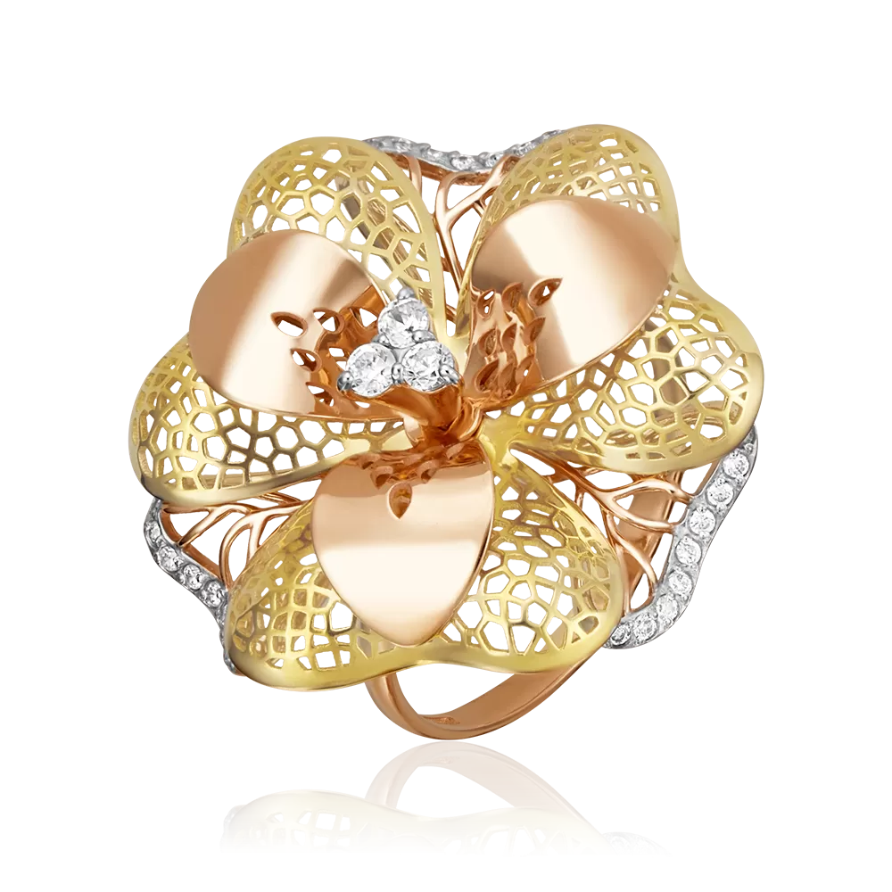 Кольцо «Цветок» из комбинированного золота с фианитами 01-4882-00-401-1113-65