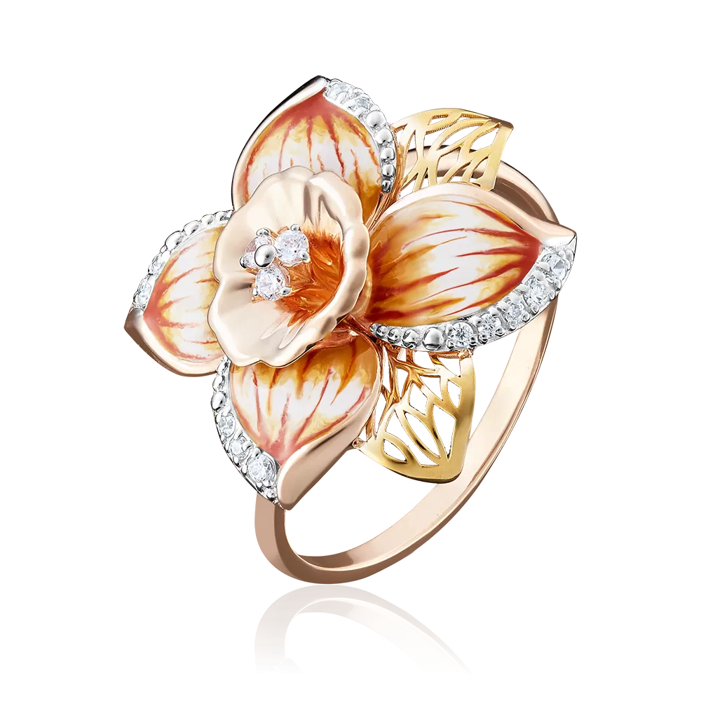 Кольцо «Нарцисс» из комбинированного золота с фианитами и эмалью 01-4883-00-401-1113-65