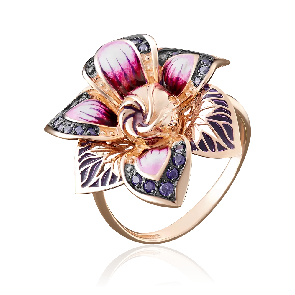 Кольцо «Гардения» из красного золота с фианитами и эмалью 01-4885-00-404-1110-65