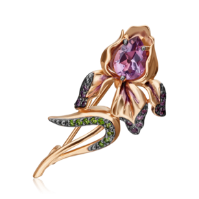 Брошь «Ирис» из красного золота с аметистами, хромдиопсидами и эмалью 04-0249-00-709-1110-57