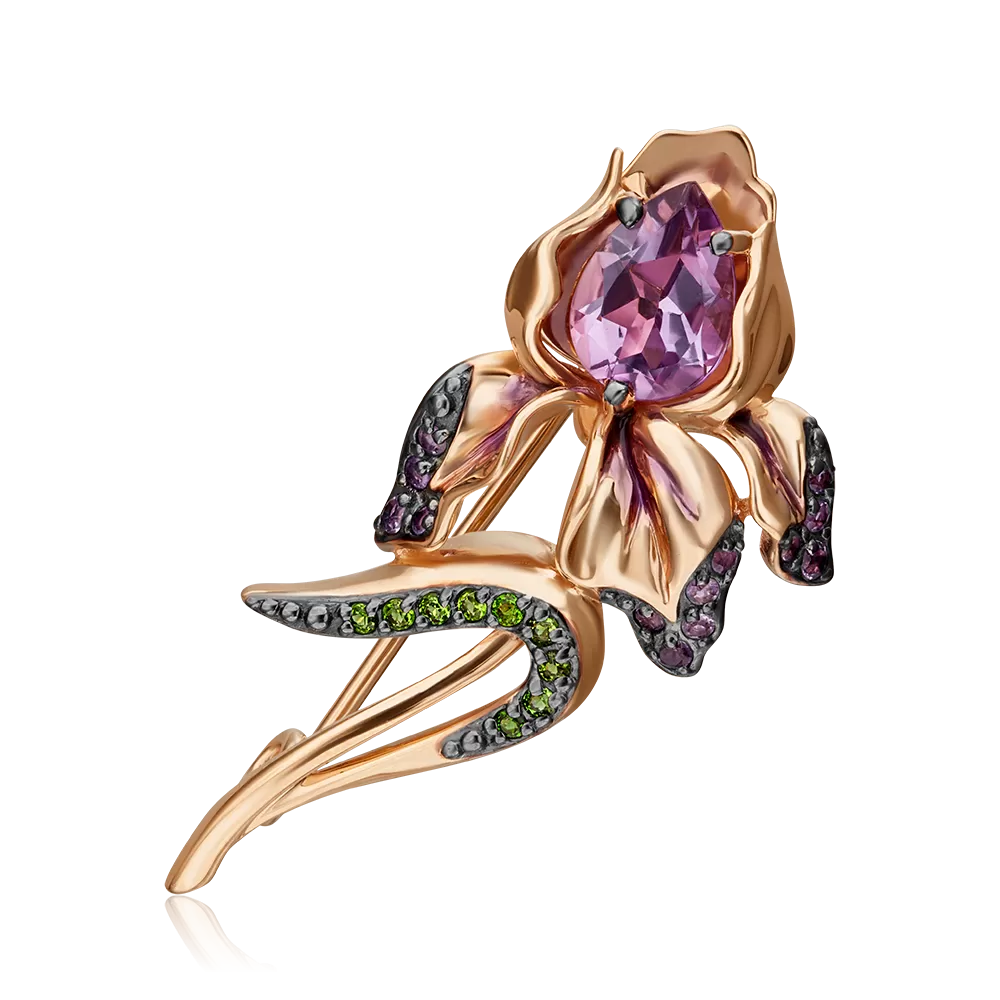 Брошь «Ирис» из красного золота с аметистами, хромдиопсидами и эмалью 04-0249-00-709-1110-57