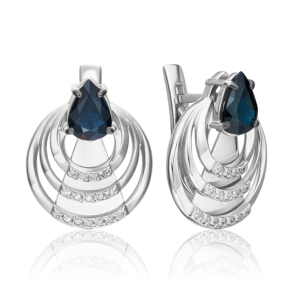 Серьги с английским замком из белого золота с сапфиром и бриллиантами 02-5207-00-105-1120