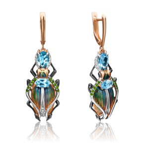 Серьги «Жуки-скарабеи» с английским замком из красного золота с миксом камней и эмалью 02-4353-00-713-1110-57