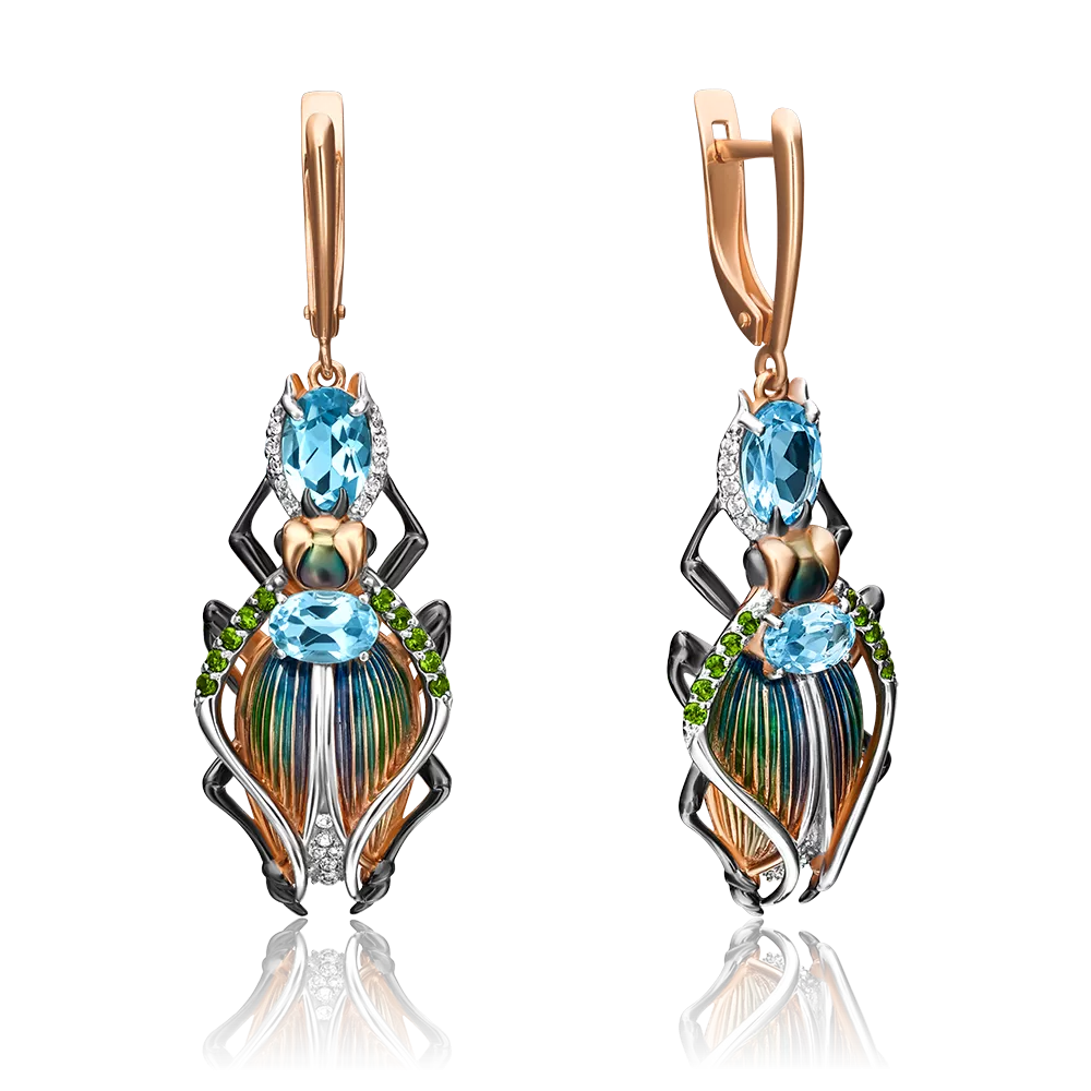 Серьги «Жуки-скарабеи» с английским замком из красного золота с миксом камней и эмалью 02-4353-00-713-1110-57