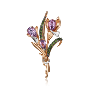 Брошь «Крокусы» из красного золота с аметистами и хромдиопсидами 04-0247-00-709-1110-57